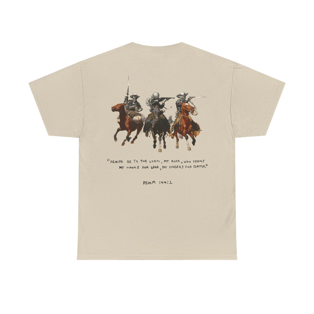 Psalm 144:1- A Christian piece of apparel featuring a design of a skeleton cowboy and Bible verse