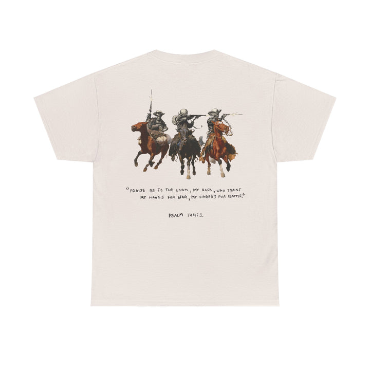 Psalm 144:1- A Christian piece of apparel featuring a design of a skeleton cowboy and Bible verse