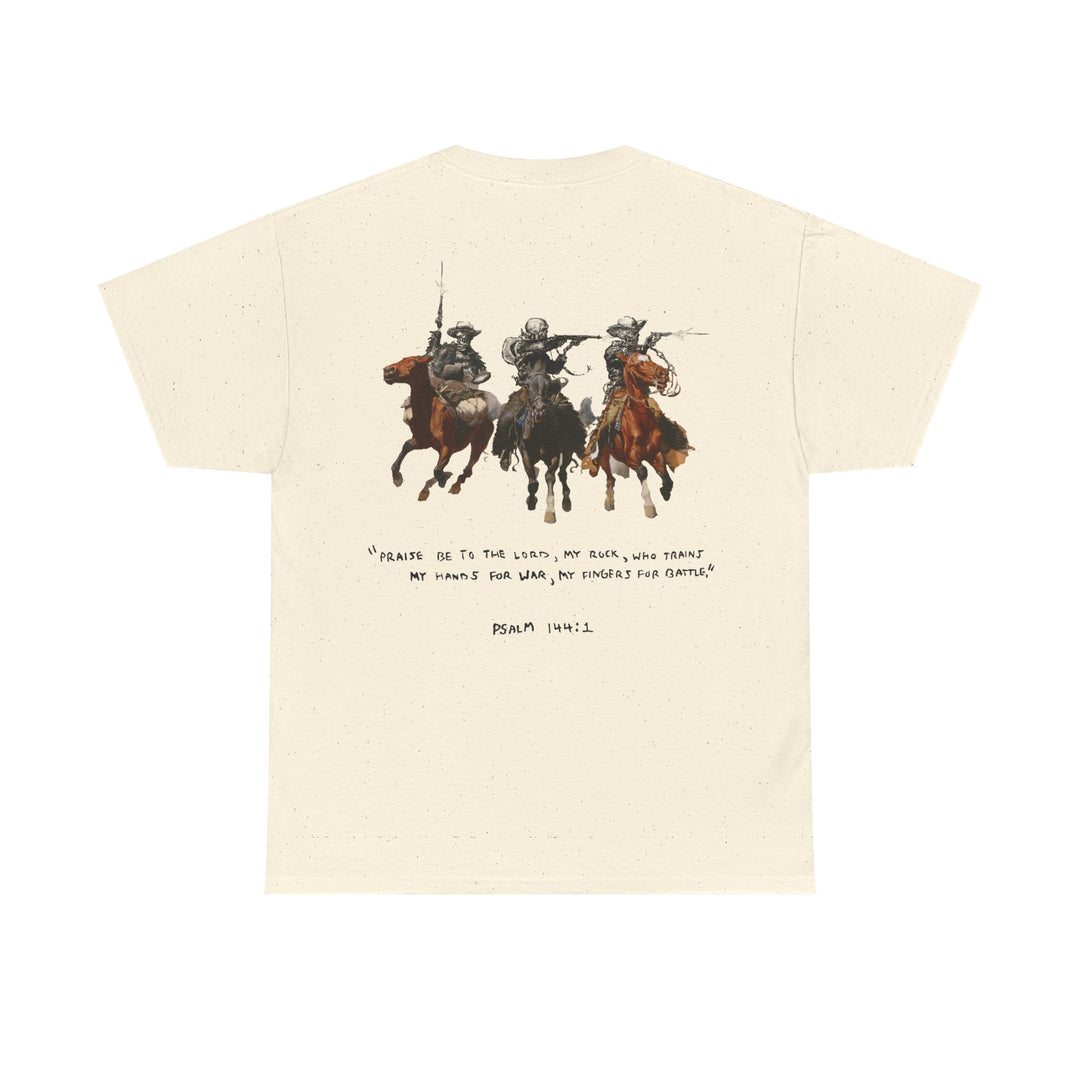 Psalm 144:1- A Christian piece of apparel featuring a design of a skeleton cowboy and Bible verse