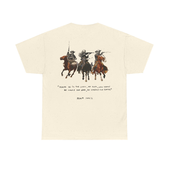Psalm 144:1- A Christian piece of apparel featuring a design of a skeleton cowboy and Bible verse