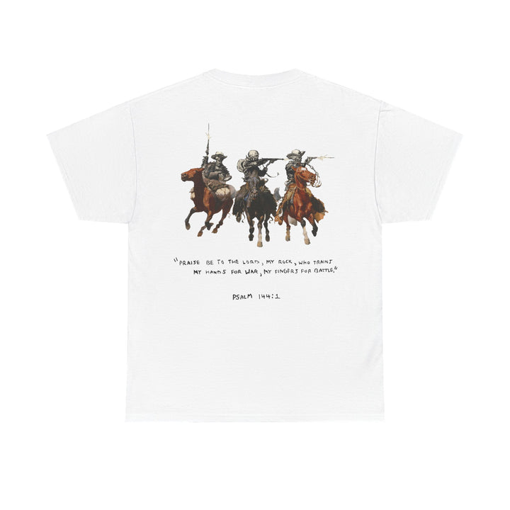 Psalm 144:1- A Christian piece of apparel featuring a design of a skeleton cowboy and Bible verse