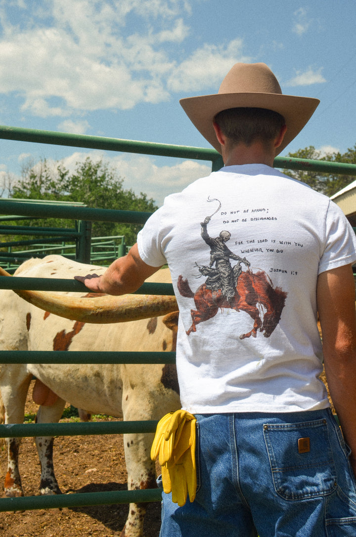 Joshua 1:9- A Christian piece of apparel featuring a design of a skeleton cowboy and Bible verse