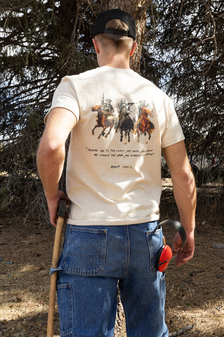 Psalm 144:1- A Christian piece of apparel featuring a design of a skeleton cowboy and Bible verse